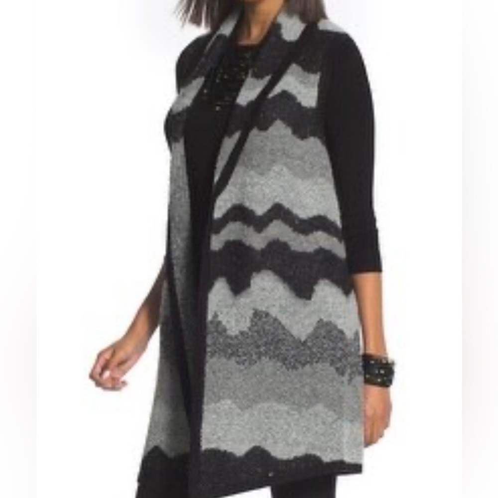 Chico’s Women's Wool Blend Vest Black/Grey Long  Open Front
